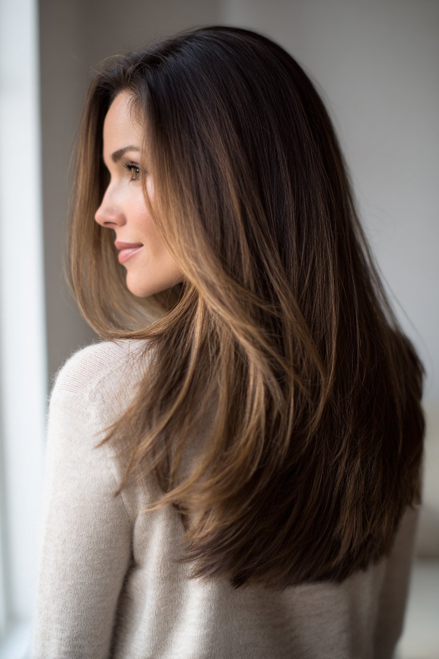 photorealistic image of long hair with blended layers and natural flow, 40 year old woman, attractive but not model posing, timeless everyday look