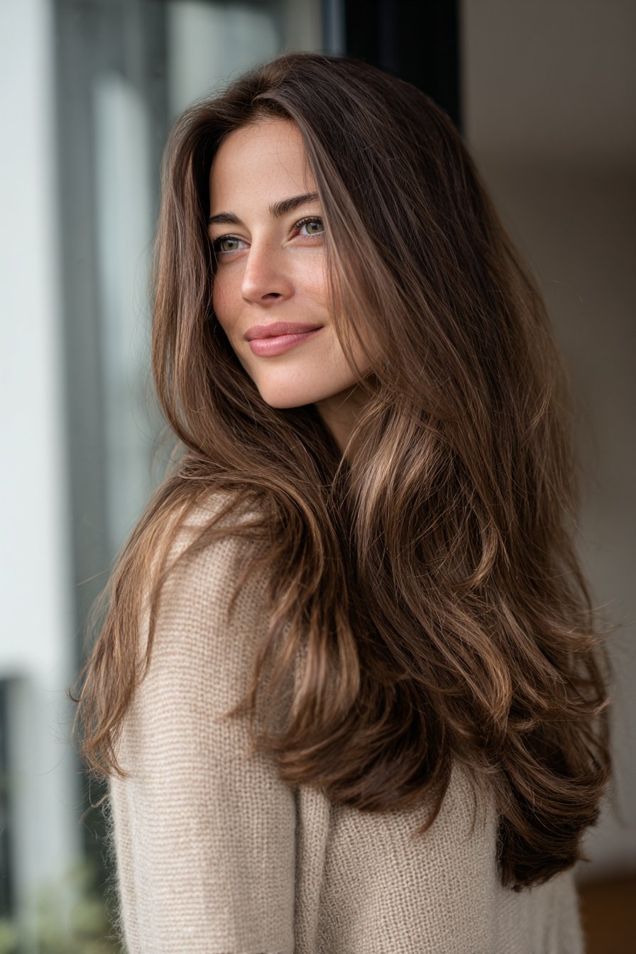photorealistic image of long hair with gentle bend through the mid-lengths, 40 year old woman, attractive but not model posing, casual modern look