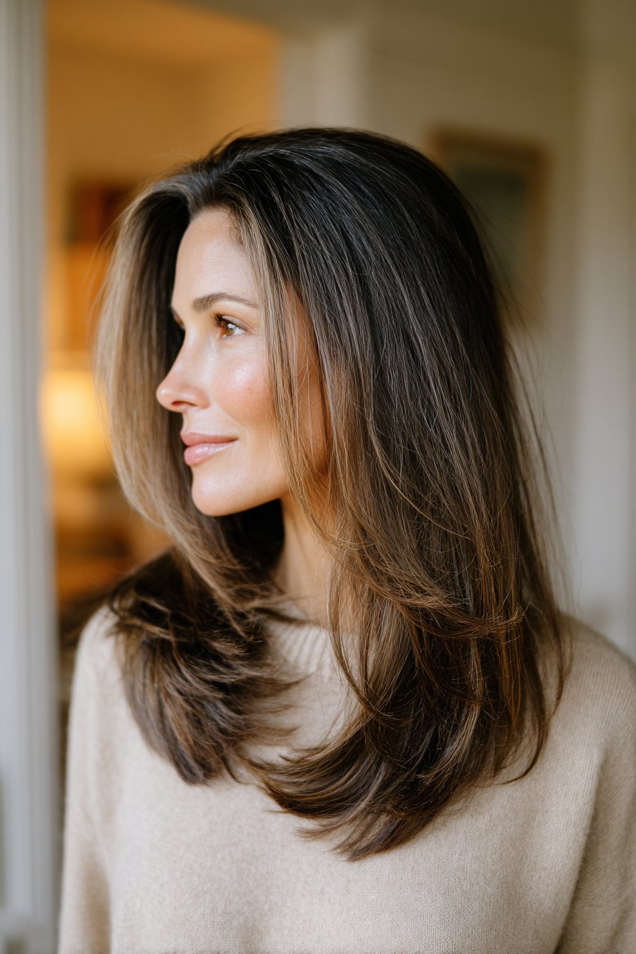 photorealistic image of long hair with gentle face-framing layers, 40 year old woman, attractive but not model posing, relaxed everyday hairstyle