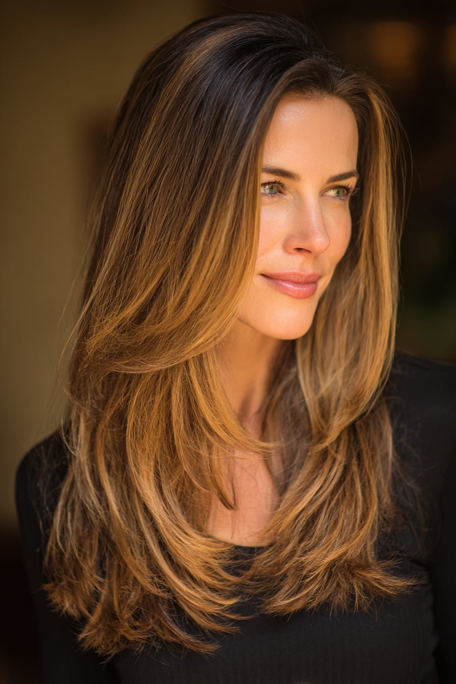 photorealistic image of long hair with smooth roots and soft ends, 40 year old woman, attractive but not model posing, casual polished style