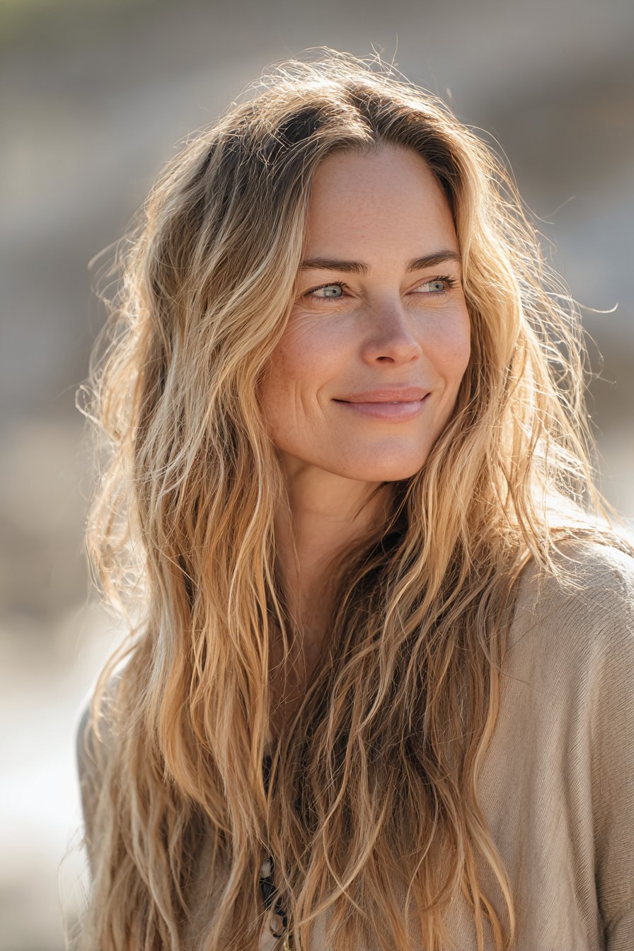 photorealistic image of long hair with soft beachy waves, 40 year old woman, attractive but not model posing, understated casual style