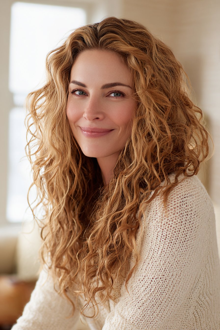 photorealistic image of long hair with soft natural curls, 40 year old woman, attractive but not model posing, approachable lived-in look