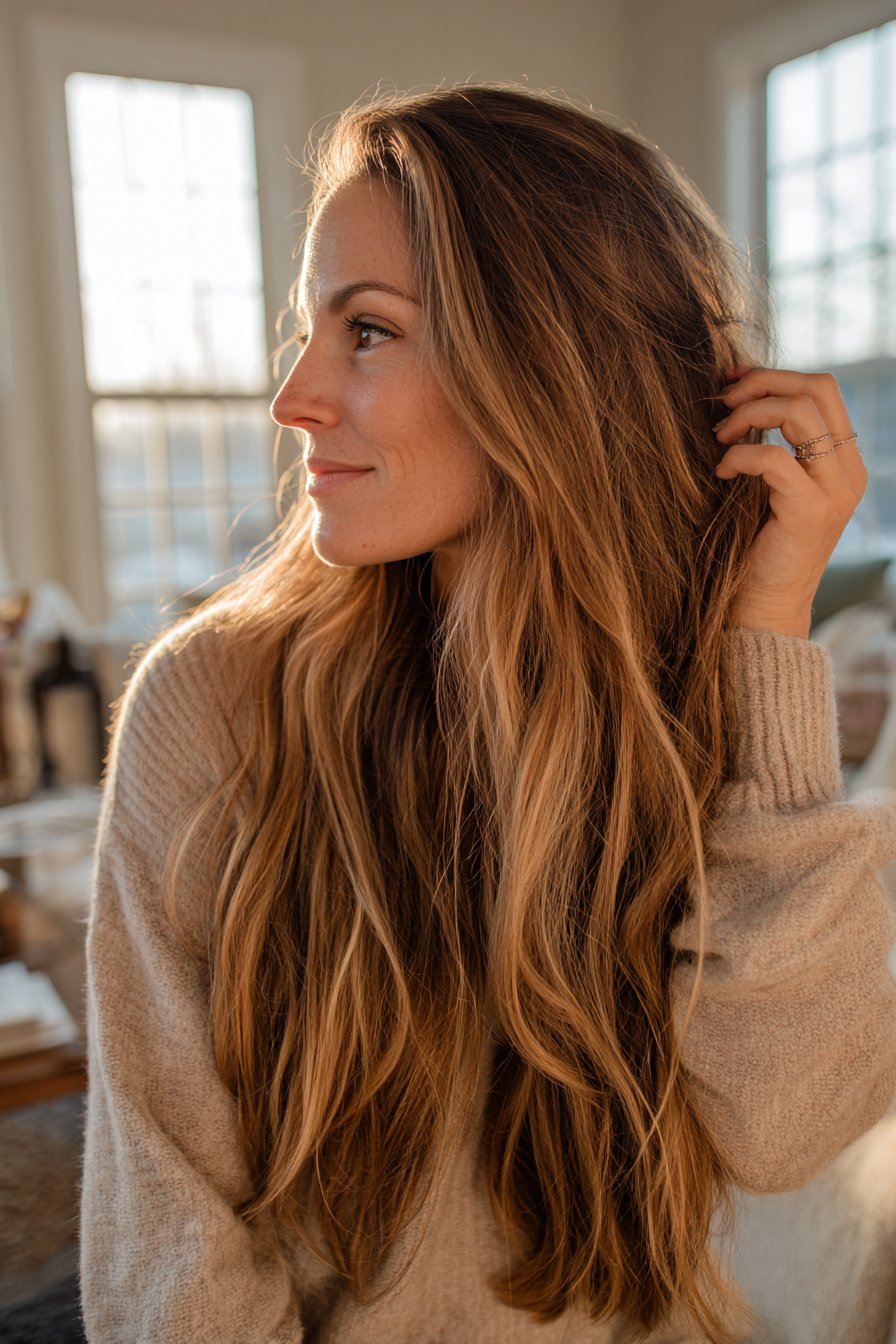 photorealistic image of long hair with soft tousled ends, 40 year old woman, attractive but not model posing, everyday relaxed hairstyle