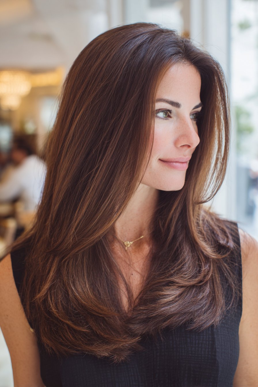 photorealistic image of long hair with subtle blowout, 40 year old woman, attractive but not model posing, casual polished finish