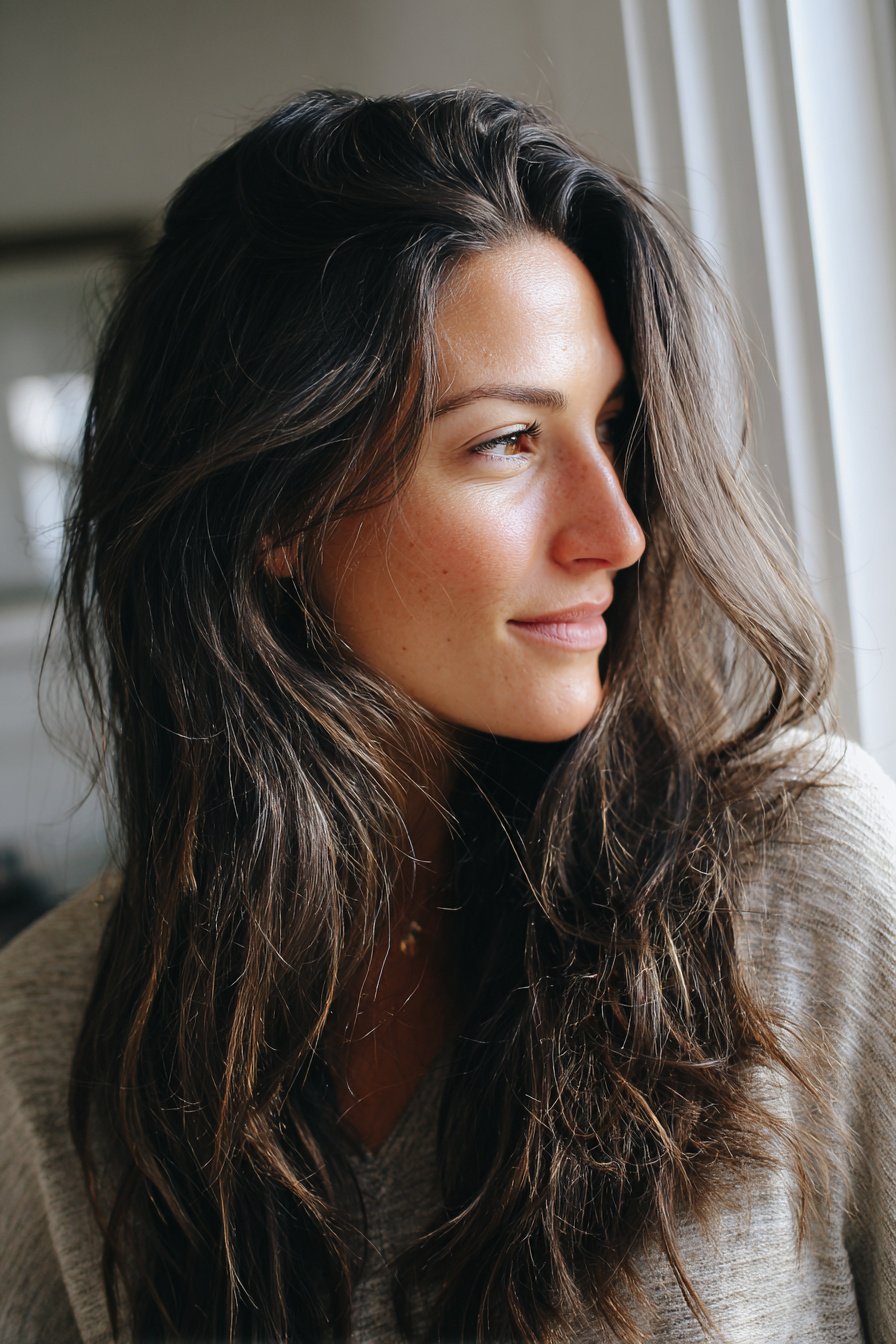 photorealistic image of long hair with subtle texture and movement, 40 year old woman, attractive but not model posing, simple casual hairstyle