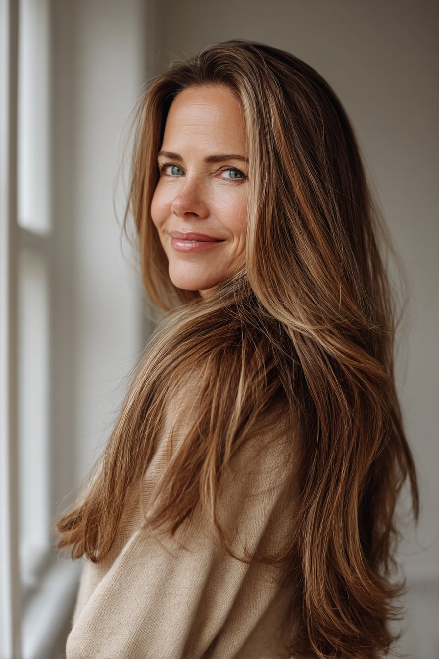 photorealistic image of long hair worn down with soft volume at the crown, 40 year old woman, attractive but not model posing, relaxed casual elegance