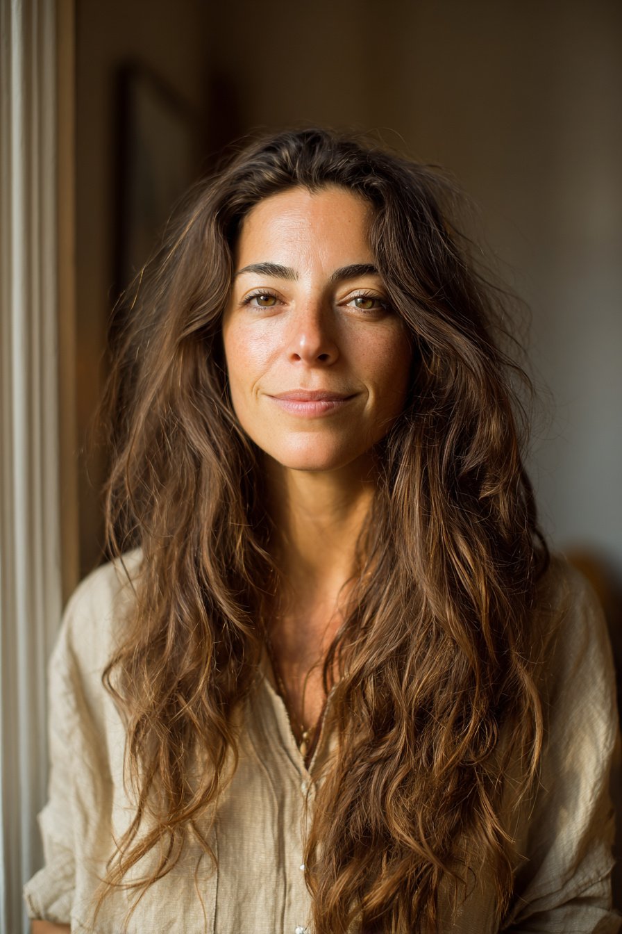 photorealistic image of long hair worn freely with natural body, 40 year old woman, attractive but not model posing, casual everyday charm