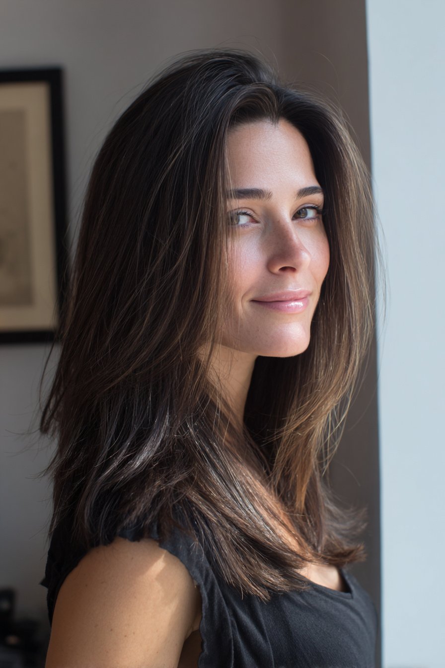 photorealistic image of long hair worn naturally straight with texture, 40 year old woman, attractive but not model posing, casual refined vibe