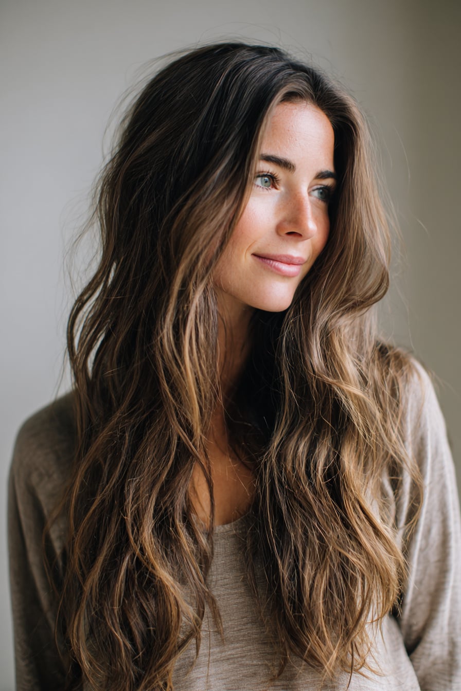 photorealistic image of simple long hair worn loose, 40 year old woman, attractive but not model posing, light natural wave, timeless casual feel