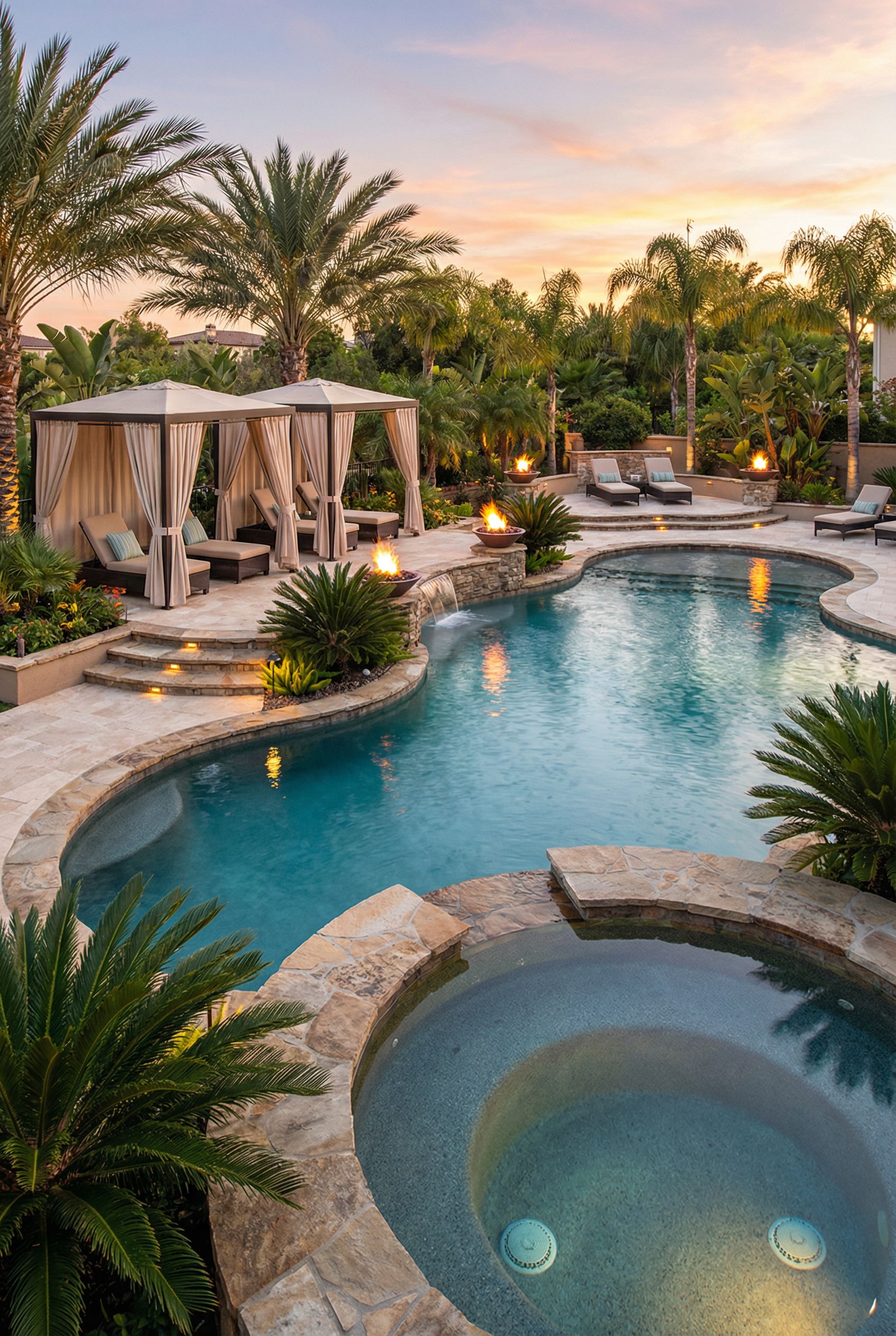 Resort-Style Luxury Pool Backyard with Cabanas
