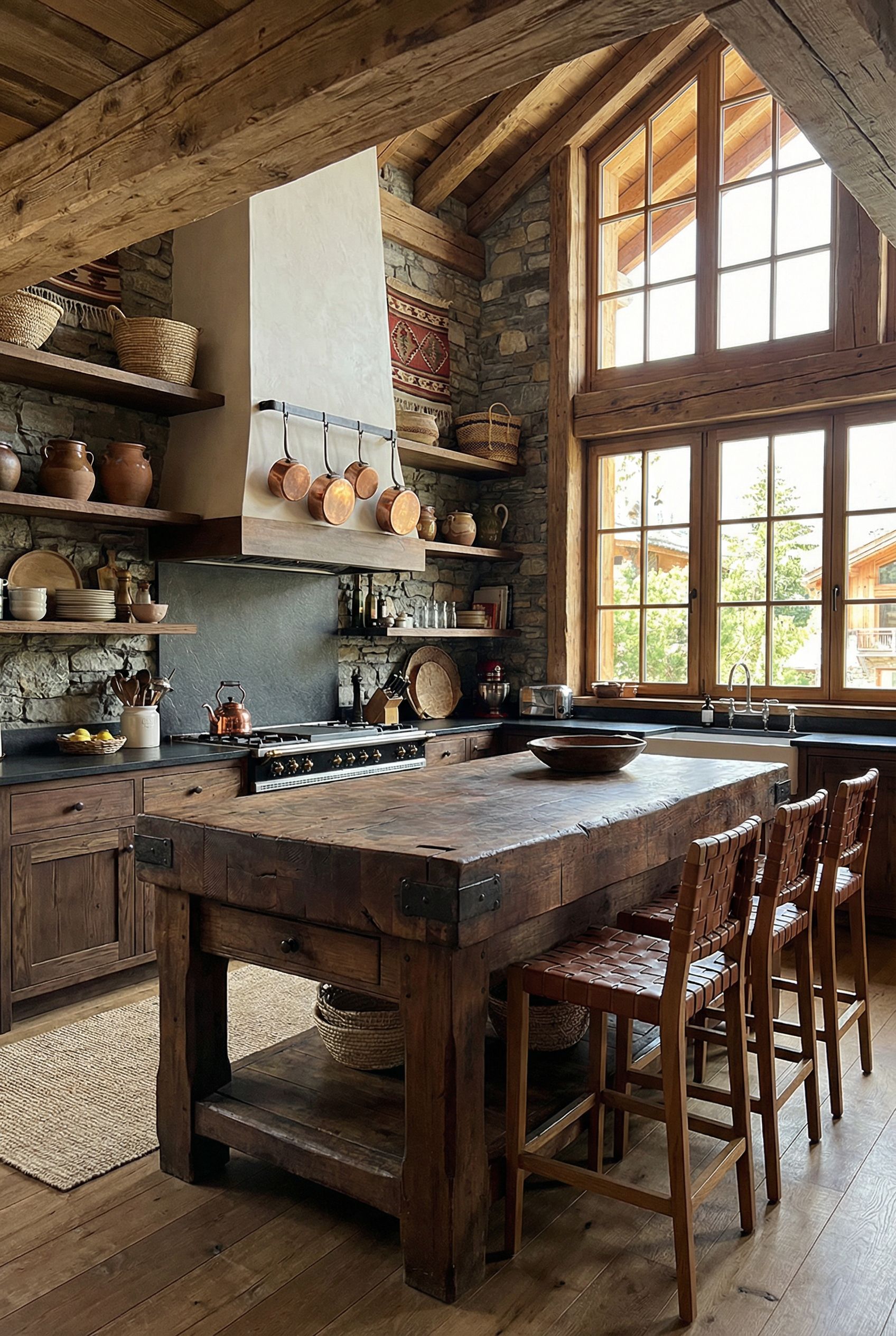 Rustic Chalet Kitchen Featuring Antique French Butcher Block