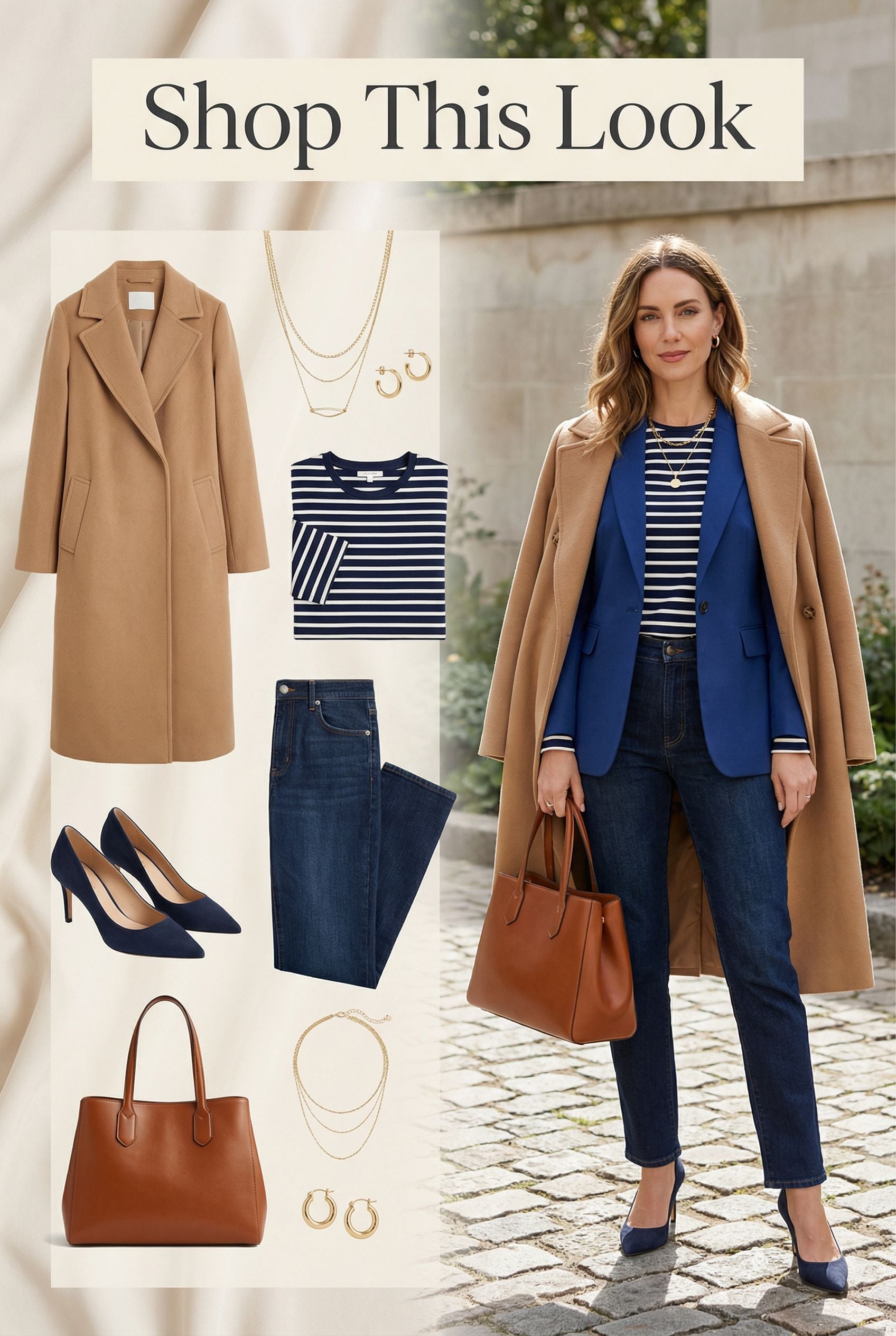 Sophisticated Royal Blue Blazer Brunch Look with Striped Tee and Jeans