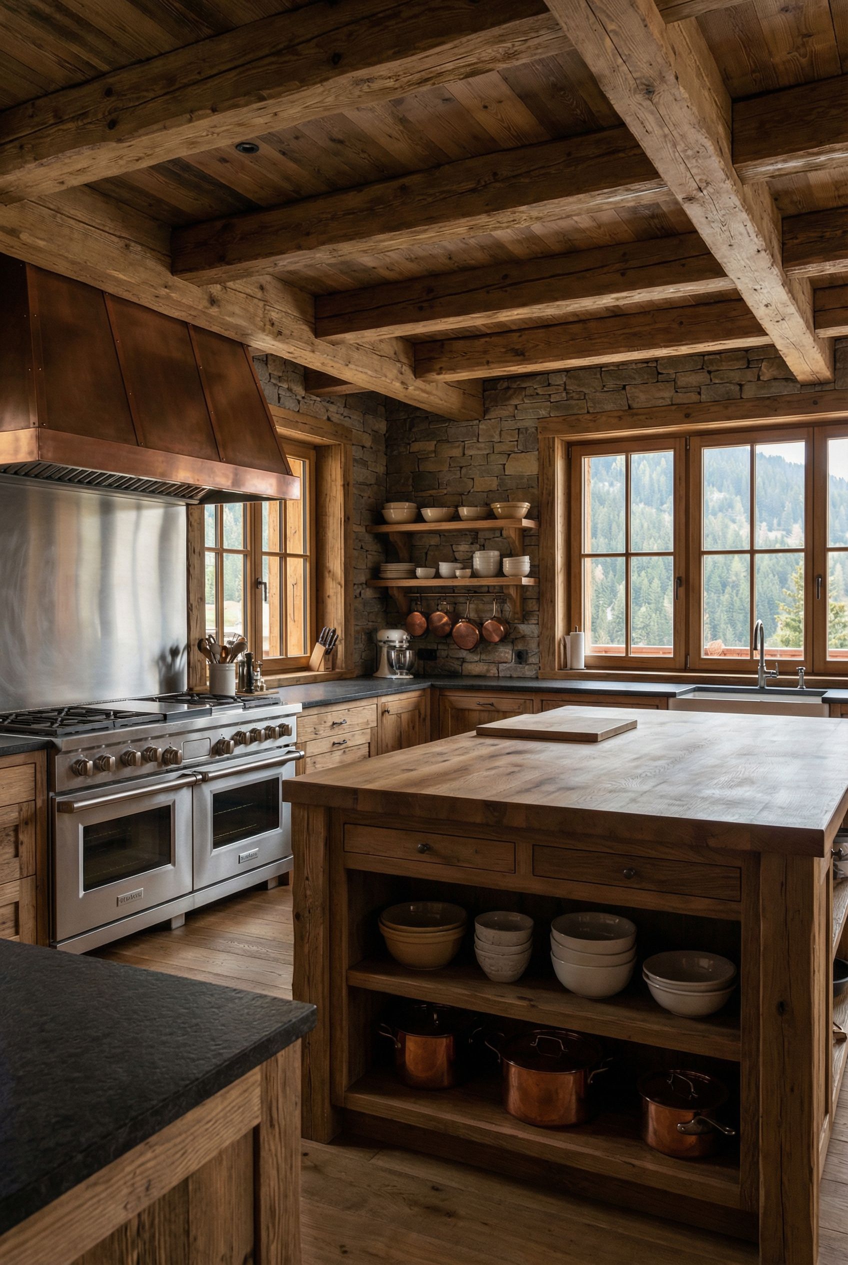 Stone and Wood Chalet Kitchen with Professional Range