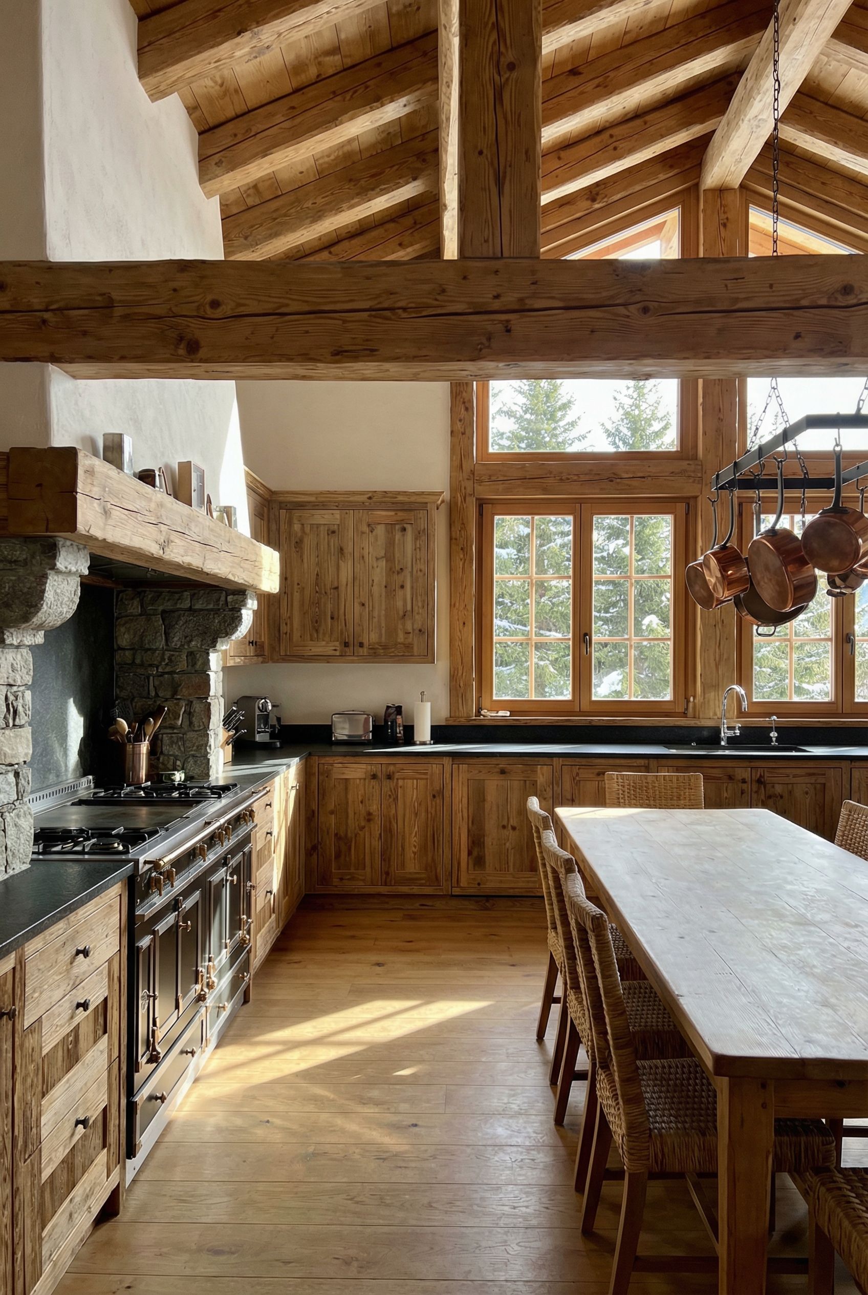 Swiss Chalet-Style Rustic Kitchen with Hand-Hewn Pine Elements