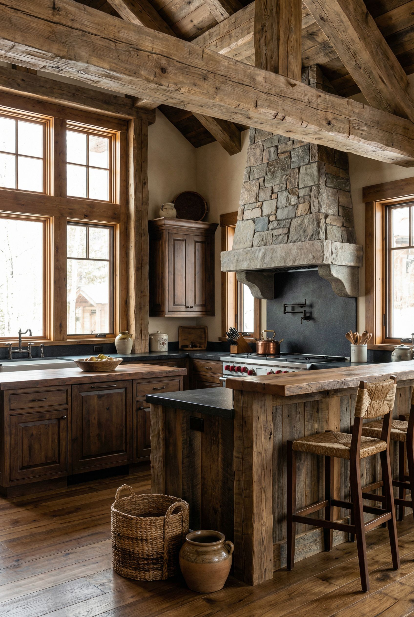 Timber Frame Chalet-Style Rustic Kitchen with Custom Range Hood