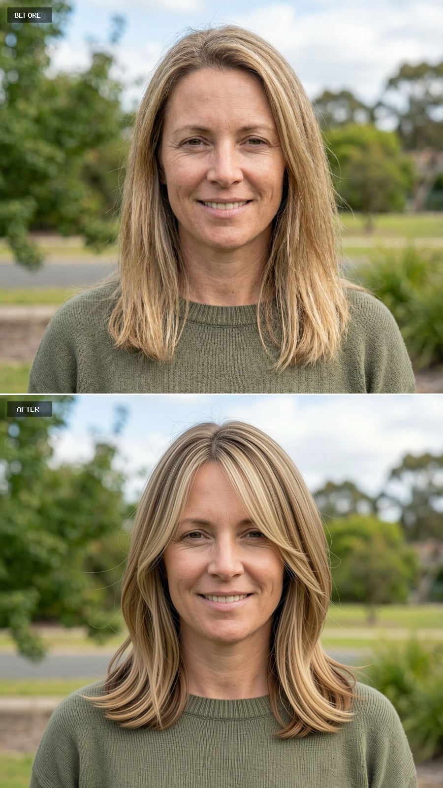 Soft Shoulder-length Lob With Subtle Honey-blonde Balayage, Light Face-framing Layers, Natural Texture, Low-maintenance Finish