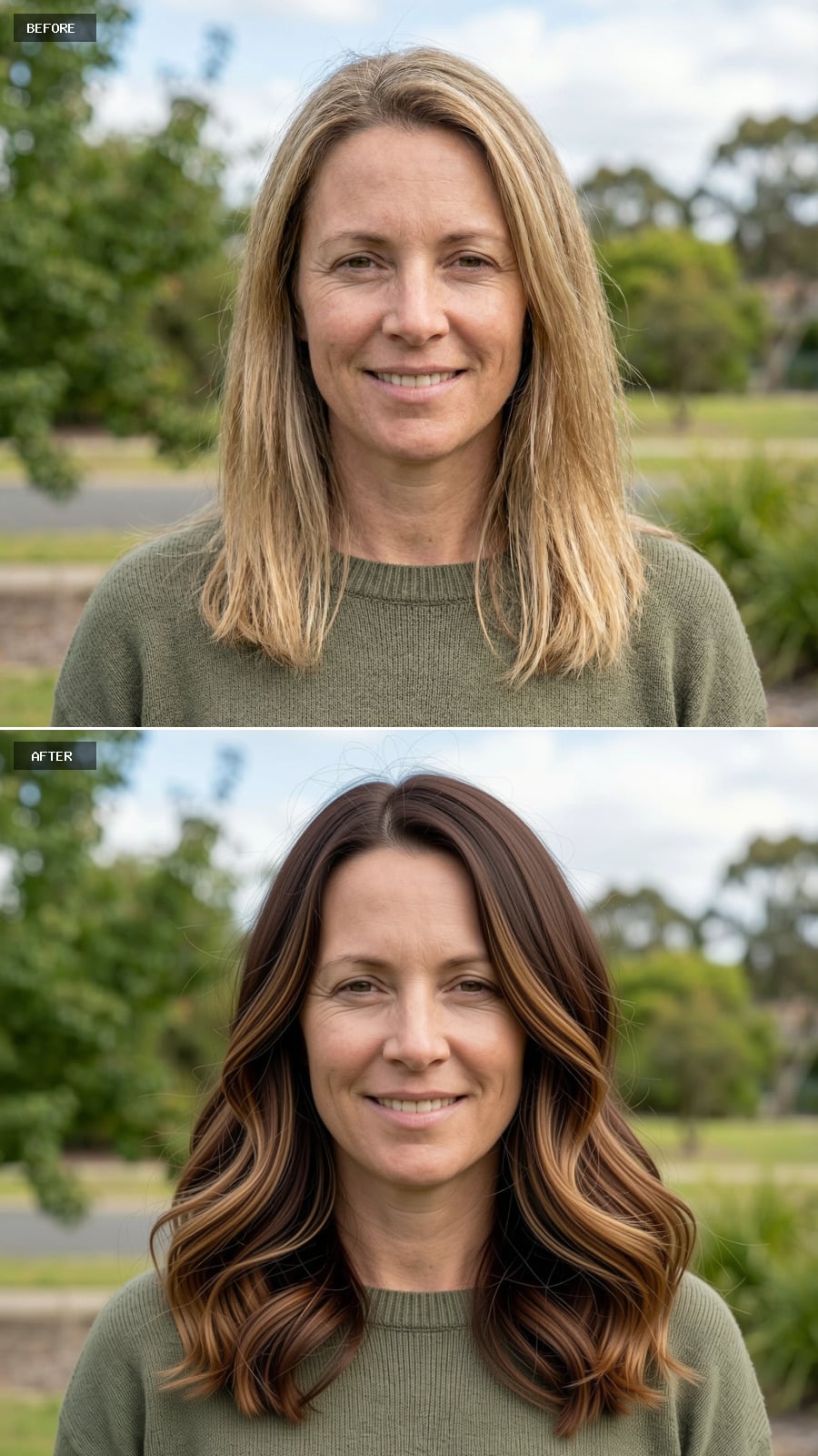 Mid-length Brunette With Caramel Highlights, Long Blended Layers, Soft Waves, Natural Shine