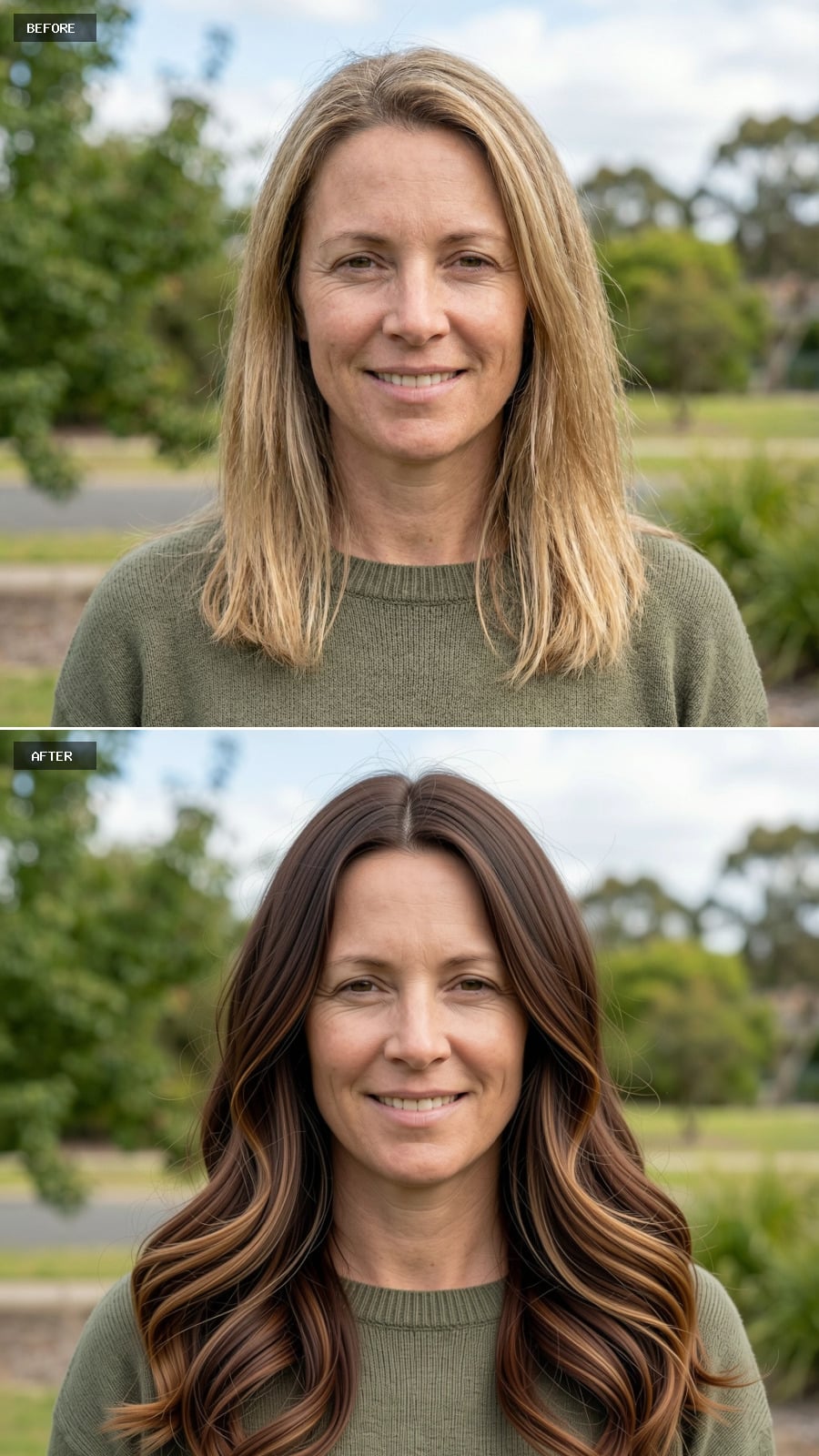 Long Chestnut Hair With Mocha Lowlights, Loose Beach Waves, Center Part, Healthy Natural Volume