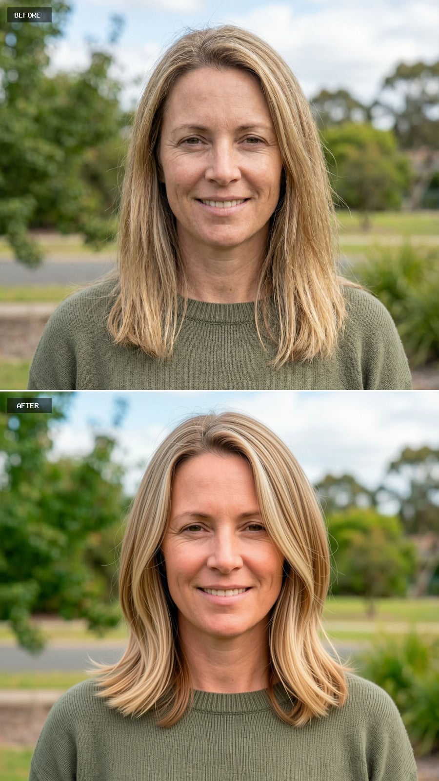 Collarbone-length Cut In Sandy Blonde With Sun-kissed Balayage, Wispy Ends, Relaxed Movement