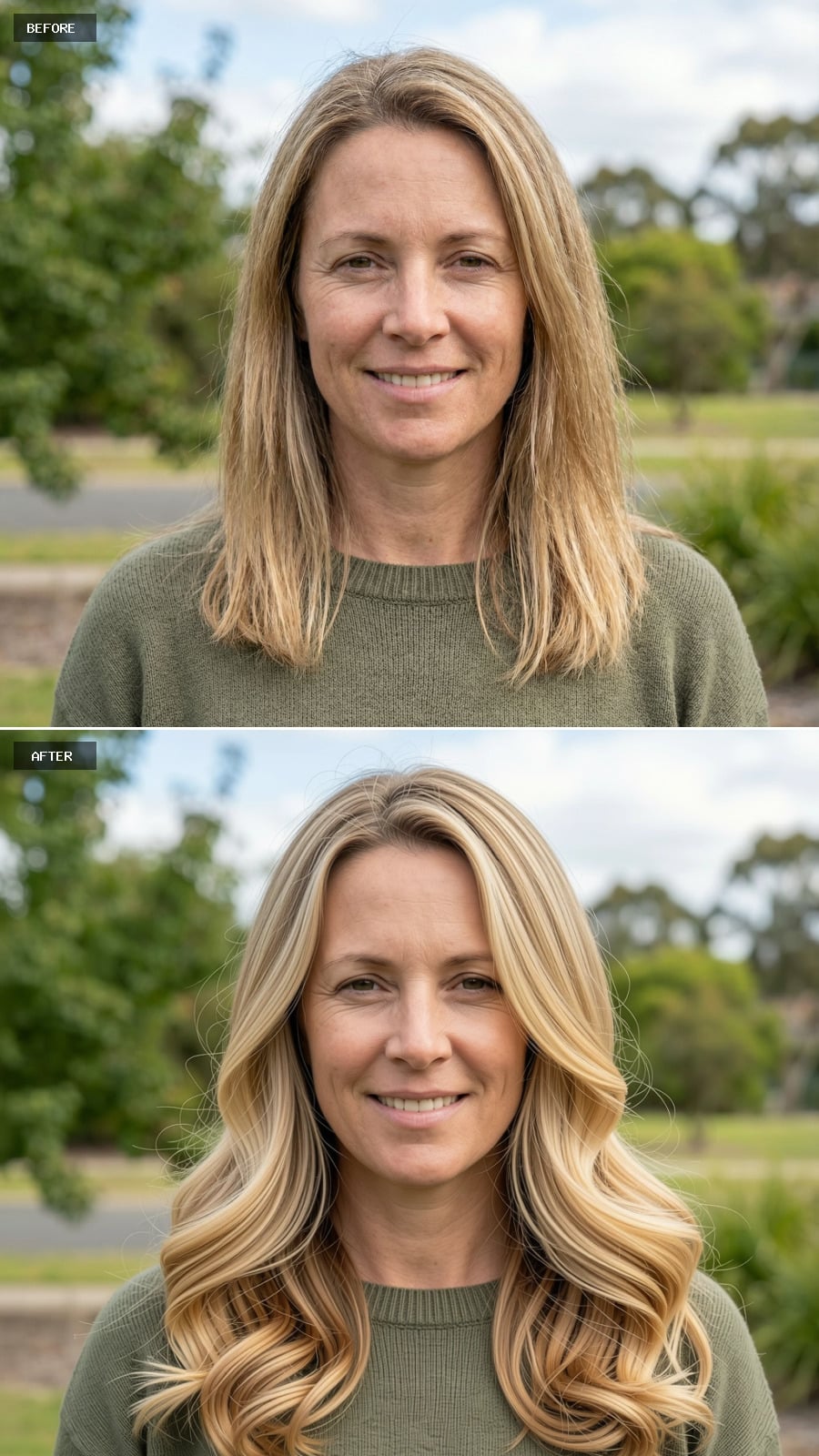 Long Layered Cut In Warm Blonde With Soft Ombre Toward Lighter Ends, Gentle Curls, Polished Look