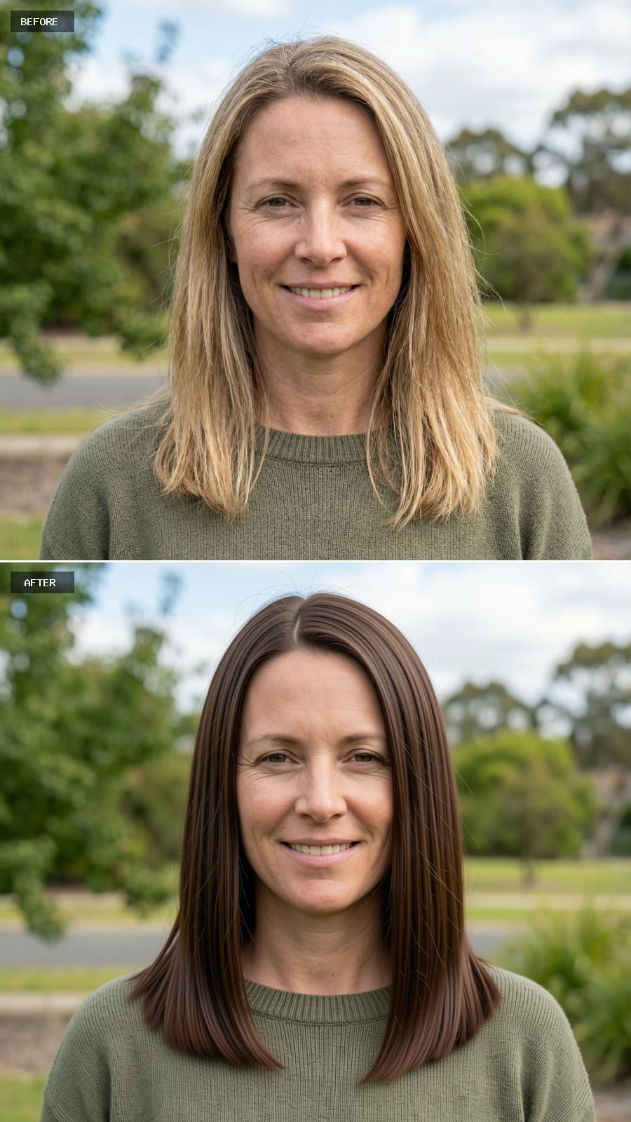 Sleek Mid-length Cut In Natural Brunette, Subtle Internal Layers, Glossy Straight Finish