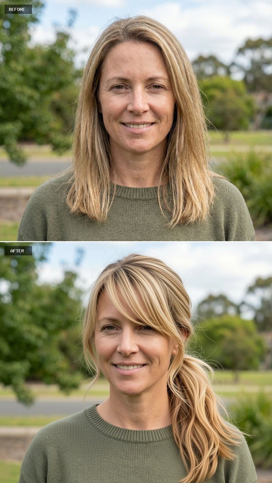 Low Textured Ponytail With Face-framing Pieces, Warm Blonde Tones, Effortless Casual Upstyle