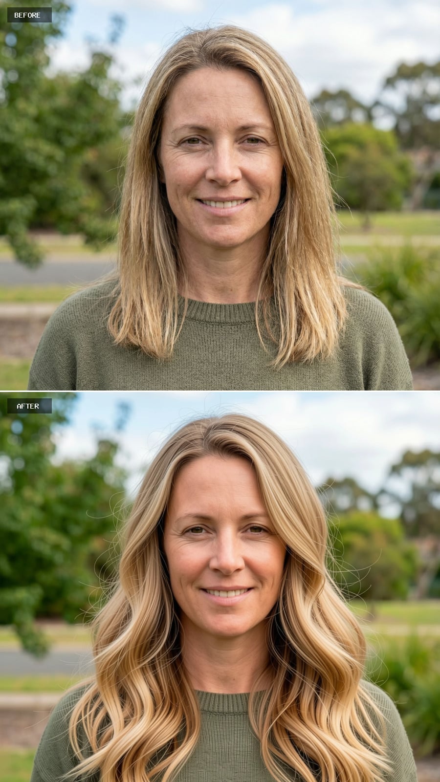 Long Wavy Cut In Warm Beige Blonde, Invisible Layers, Natural Movement And Body