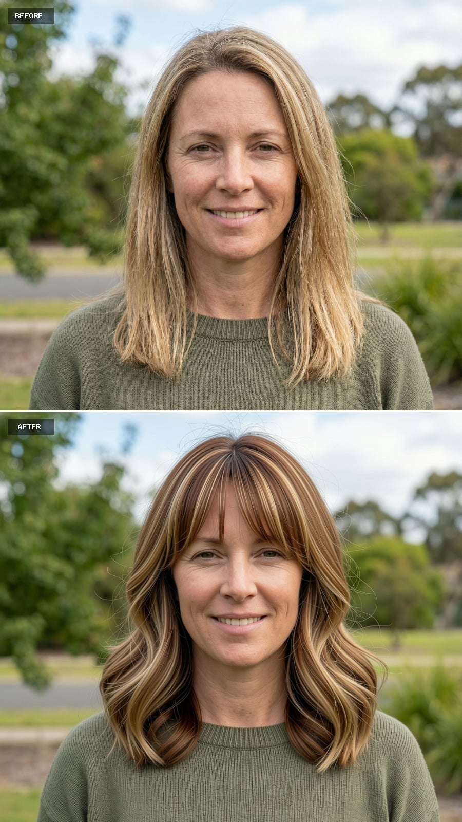 Shoulder-length Cut With Curtain Bangs, Caramel Highlights, Soft Blowout Finish
