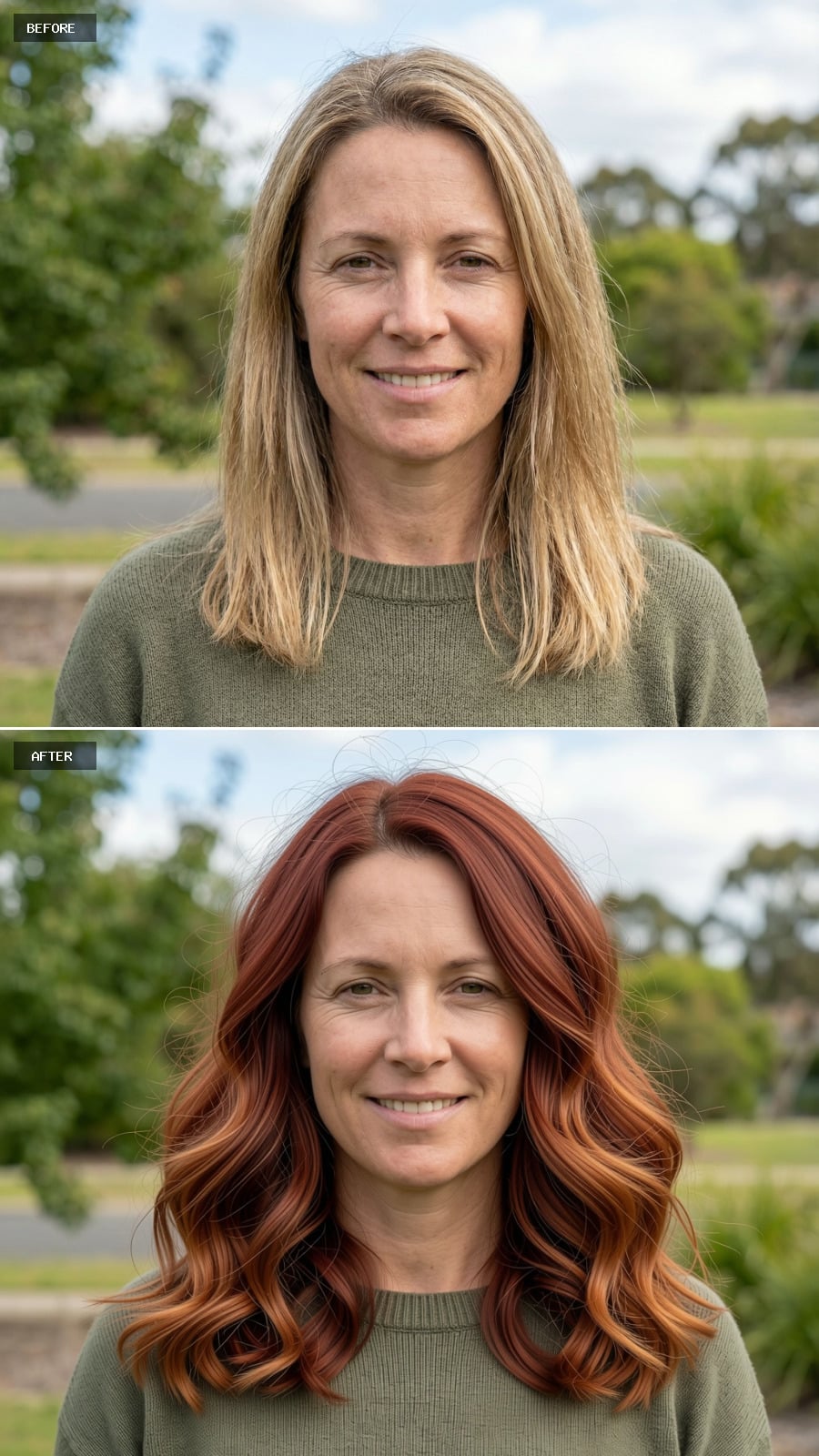 Natural Auburn Mid-length Hair With Long Layers, Loose Curls, Warm Dimensional Color