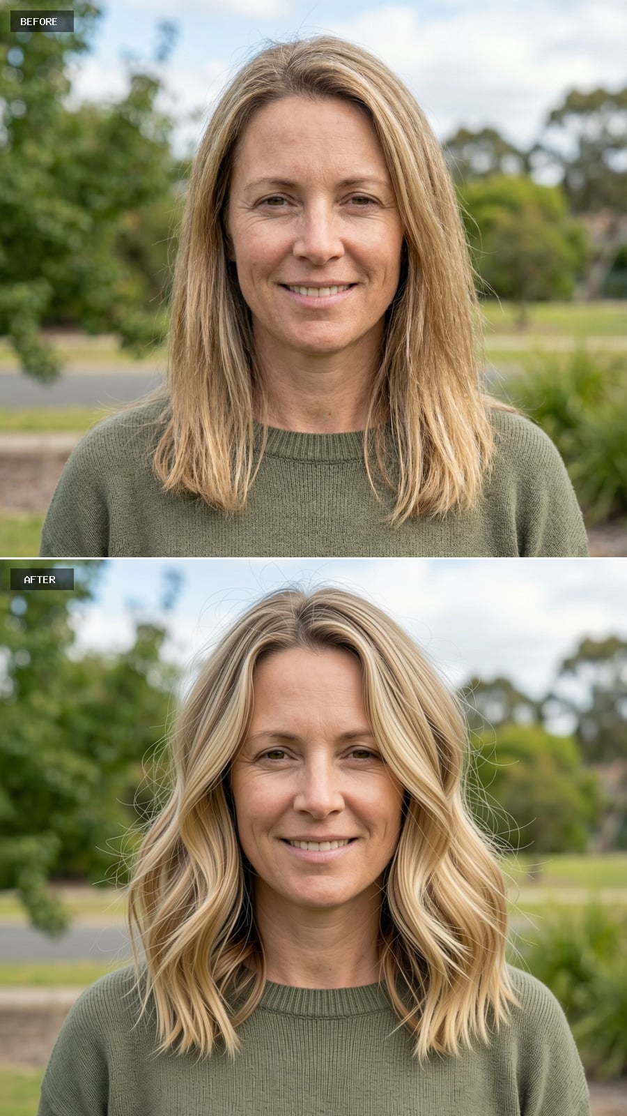 Textured Lob With Subtle Golden Highlights, Beachy Waves, Casual Modern Feel
