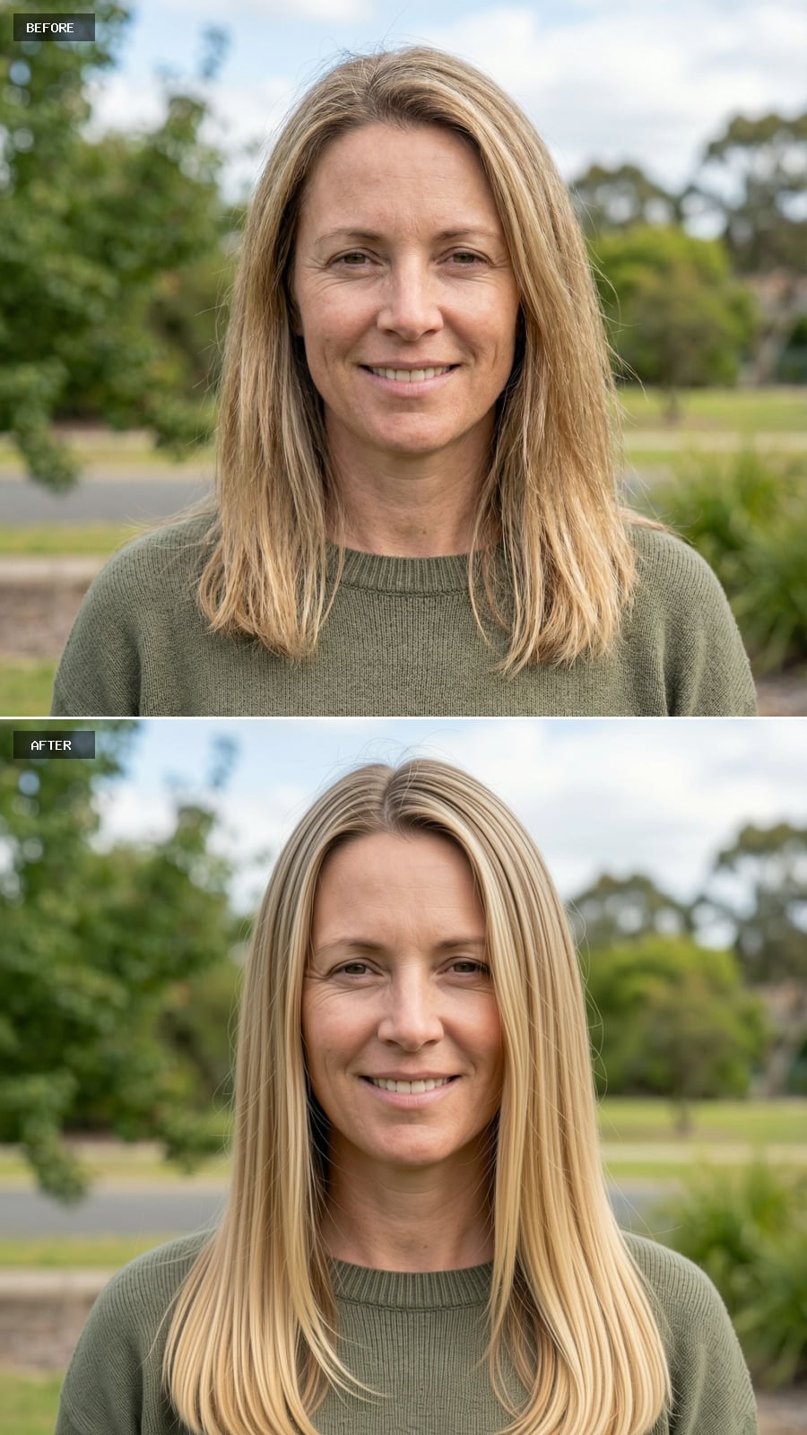 Long Straight Cut In Warm Blonde With Minimal Layering, Smooth And Healthy Finish