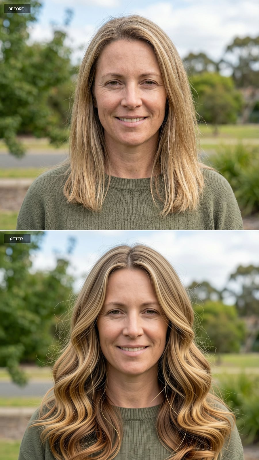 Long Honey-brown Hair With Subtle Golden Ribbons, Loose Curls, Center Part, Effortless Volume