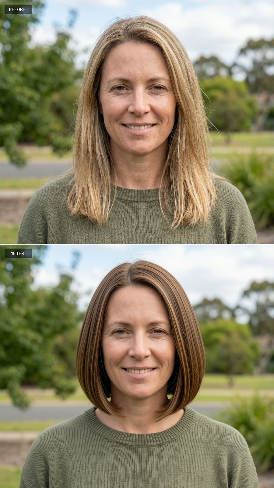 Rounded Bob Just Below The Chin In Natural Medium Brown, Smooth Finish With Tucked-under Ends