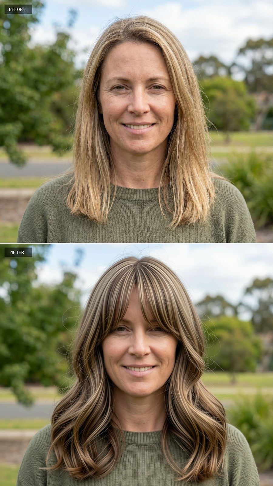 Mid-length Cut With Long Curtain Bangs, Warm Dark Blonde, Relaxed Blow-dry With Body