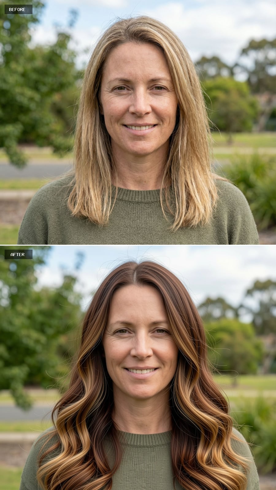 Long Wavy Hair In Warm Brunette With Lighter Tips, Natural Gradient Ombre, Relaxed Styling