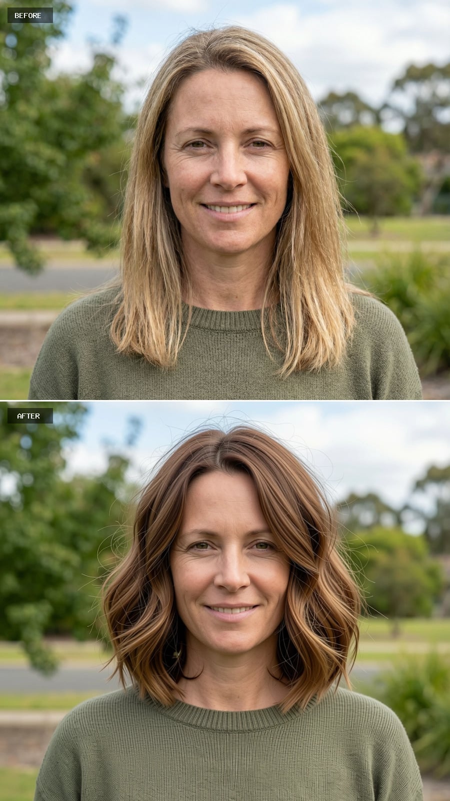 Textured Clavicle-length Bob In Soft Caramel Brown, Undone Waves, Modern Casual Look