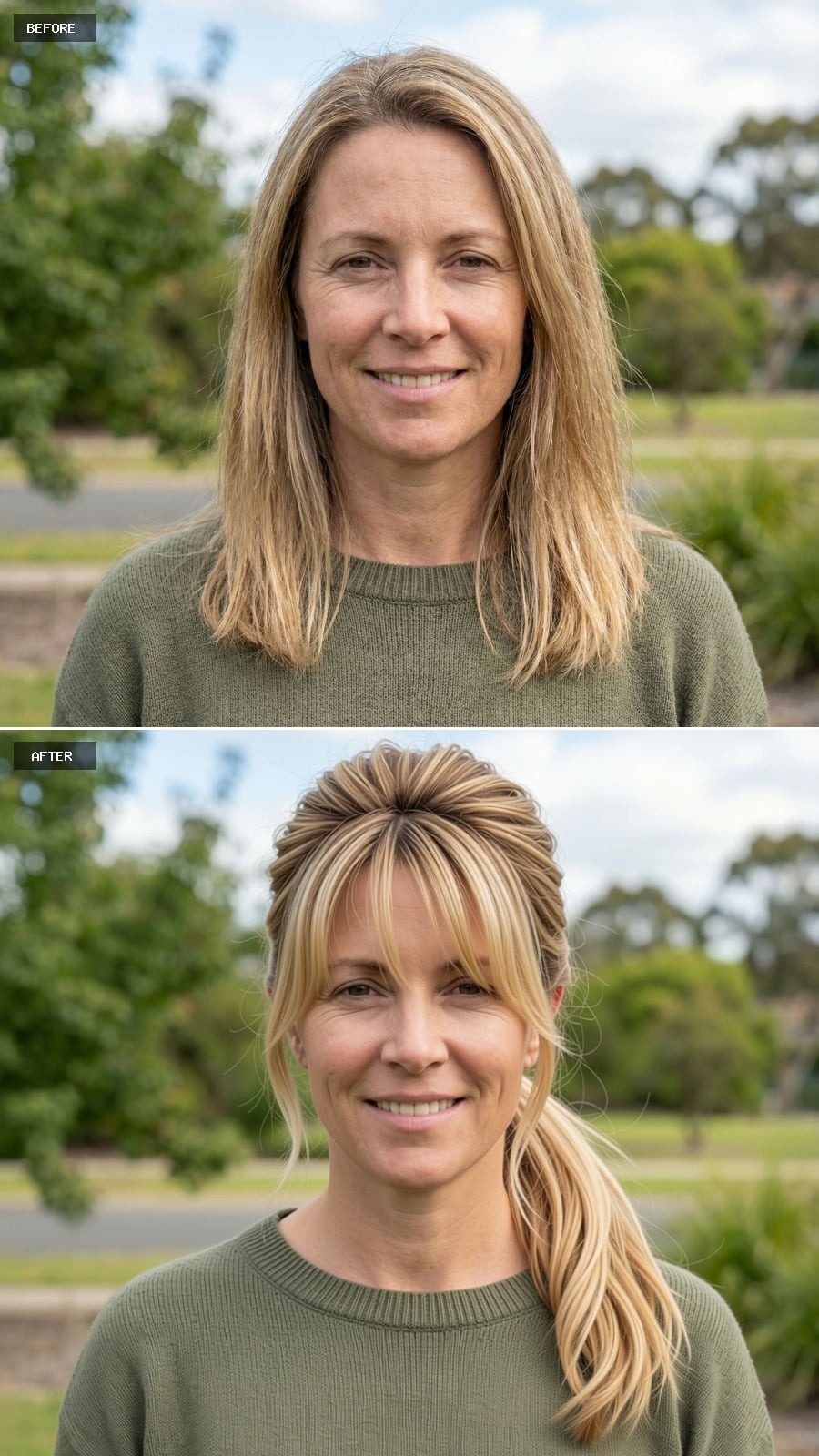 Low Ponytail With Slight Crown Volume, Warm Blonde Tones, Face-framing Strands