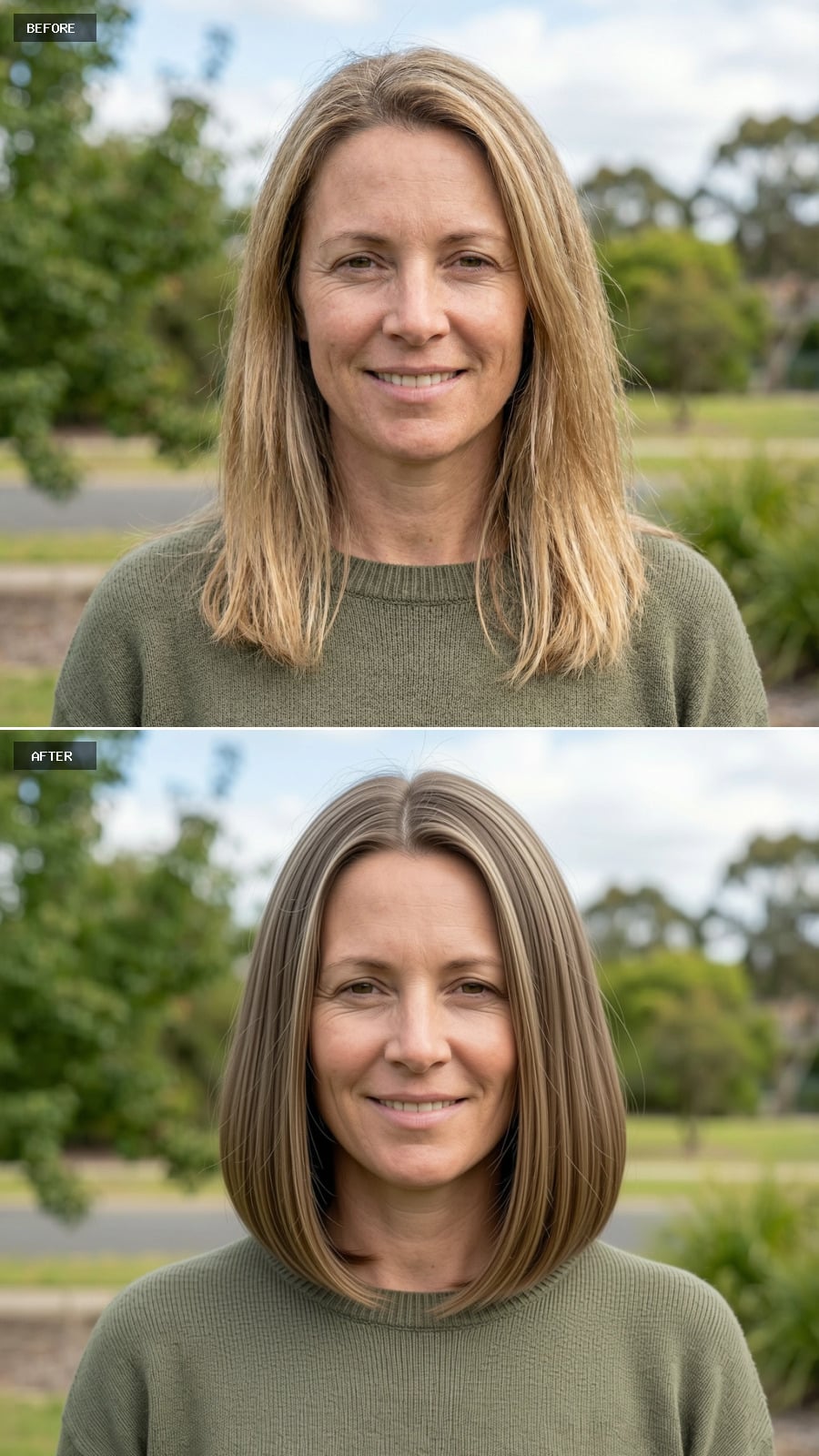 Smooth Shoulder-length Cut In Neutral Brown, Blunt Ends With Minimal Layering, Polished Finish