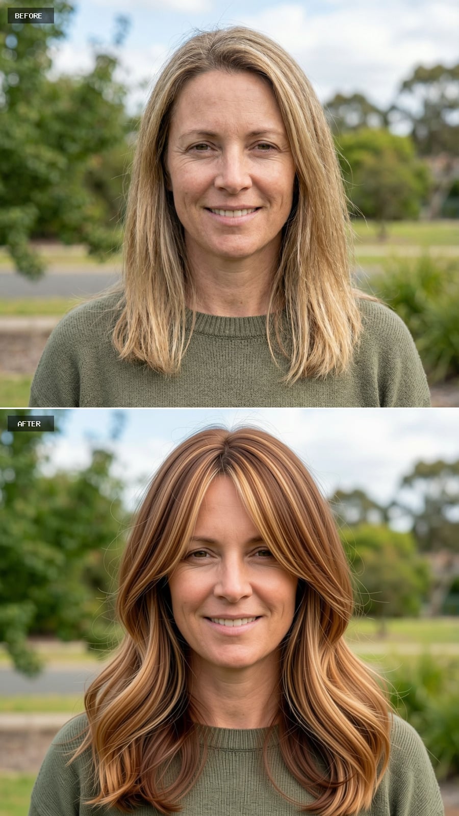 Long Layered Cut With Subtle Face-framing Highlights, Warm Honey Brown, Soft Movement