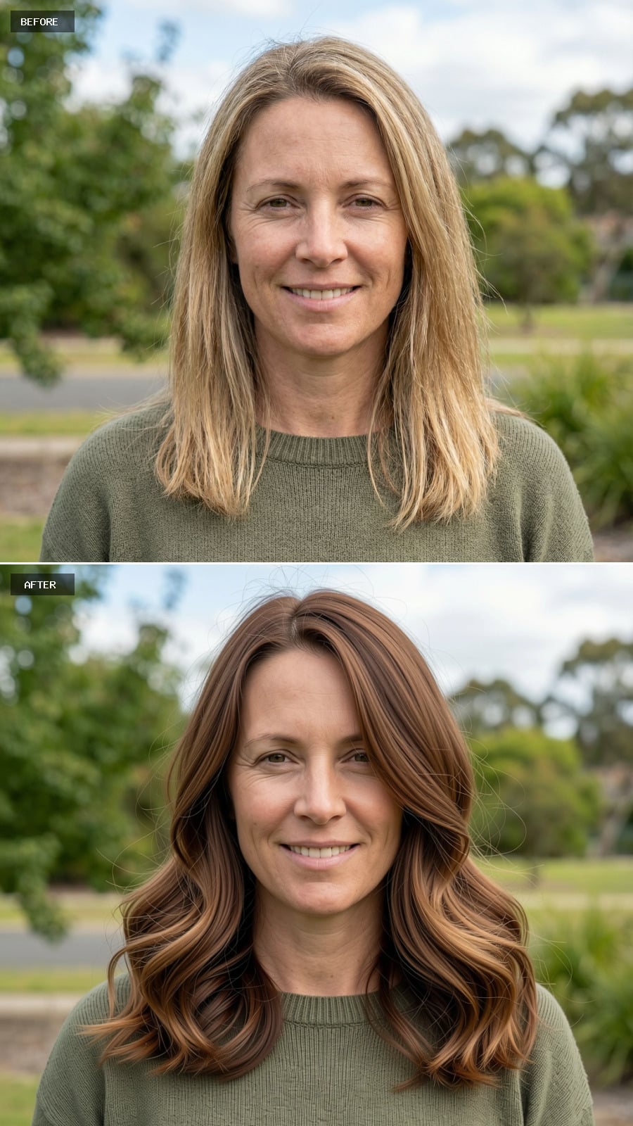 Loose Side-swept Waves On Mid-length Warm Brunette Hair, Soft Layers, Natural Volume