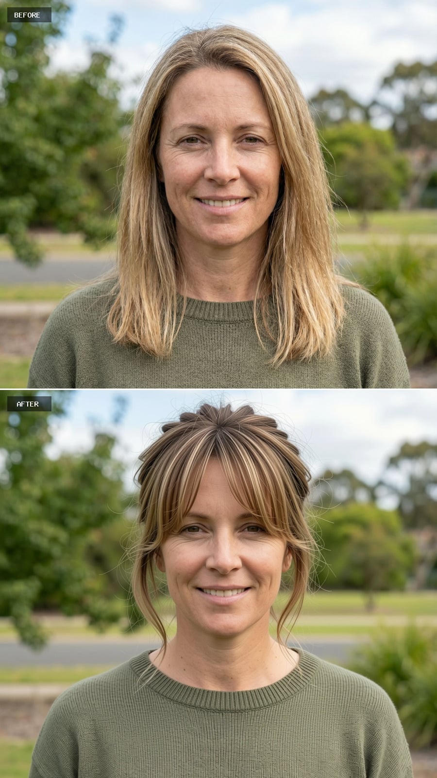 Low Messy Bun With Curtain Bangs, Natural Brown-blonde Blend, Casual Lived-in Look