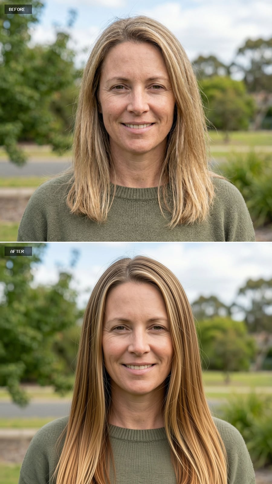 Long Straight Hair In Warm Golden Brown, Invisible Layers, Healthy Natural Shine