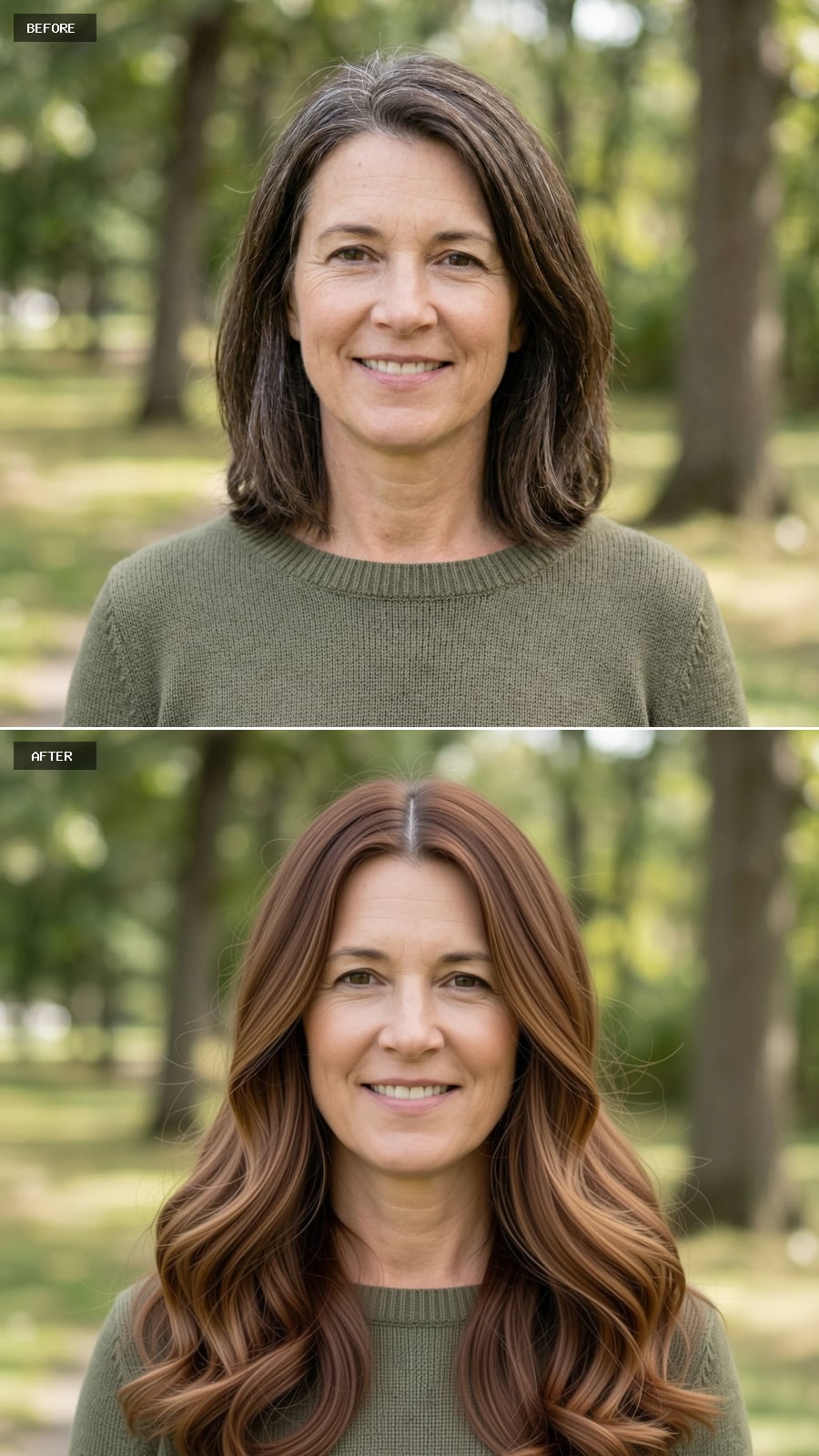 Long Layered Cut In Warm Medium Brown With Loose Beach Waves And A Center Part