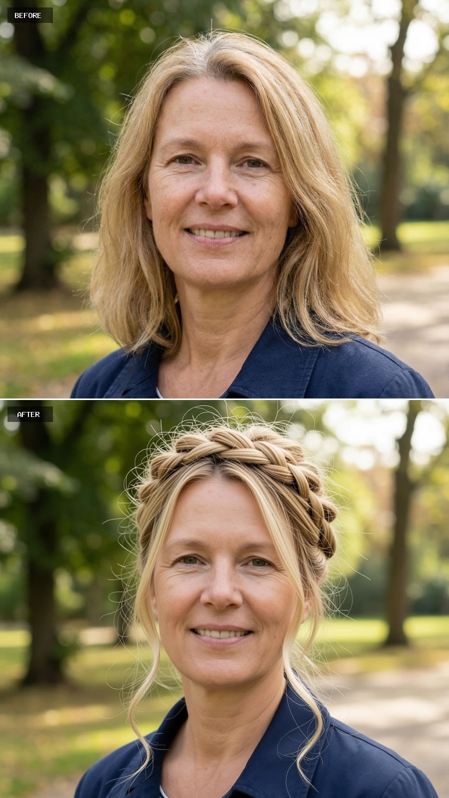 Loose Braided Updo With Warm Blonde Hair And Soft Flyaways