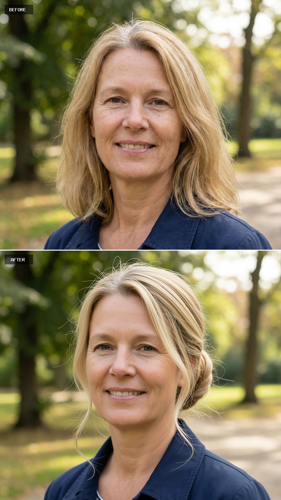 Low Twisted Bun Upstyle In Natural Blonde With Wispy Face-framing Strands