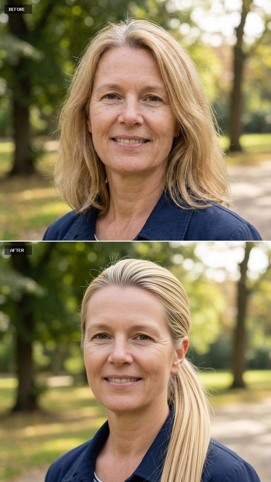 Polished Low Ponytail With A Side Part In Golden Blonde Tones