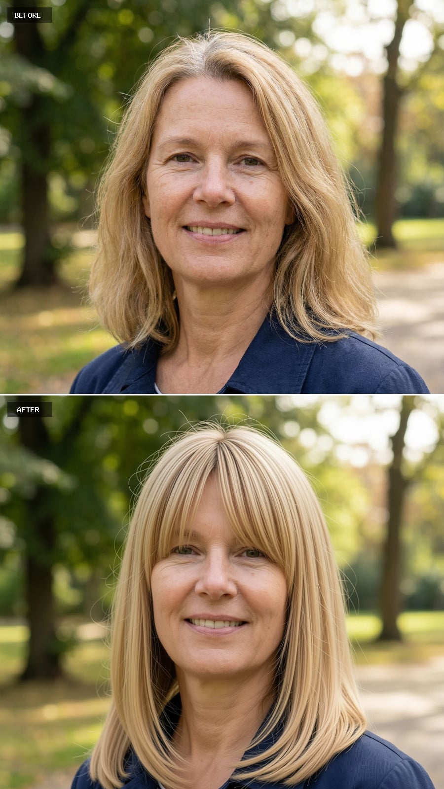 Shoulder-length Cut With Long Curtain Fringe In Warm Beige Blonde
