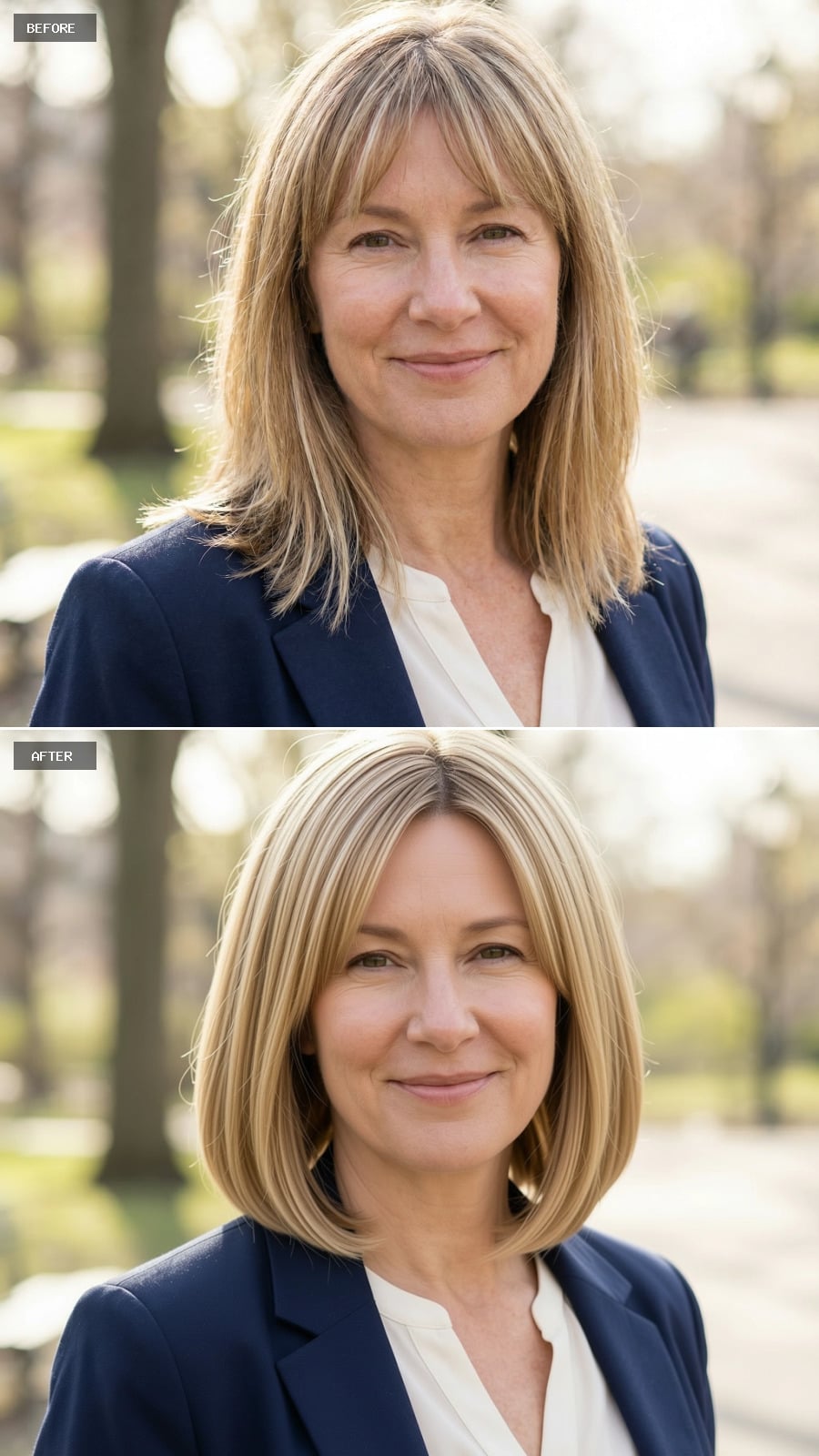 Photorealistic Headshot Of The Same 51-year-old Woman, Smiling, Chin-length Blunt Bob In Warm Honey Blonde, Softly Textured Ends, Natural Daylight, Realistic Skin Texture