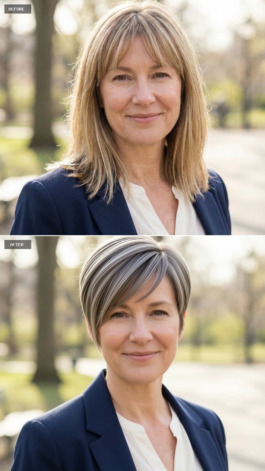 Photorealistic Headshot Of The Same 51-year-old Woman, Smiling, Short Tapered Pixie With Longer Side-swept Bangs In Ash Brown, Refined And Modern