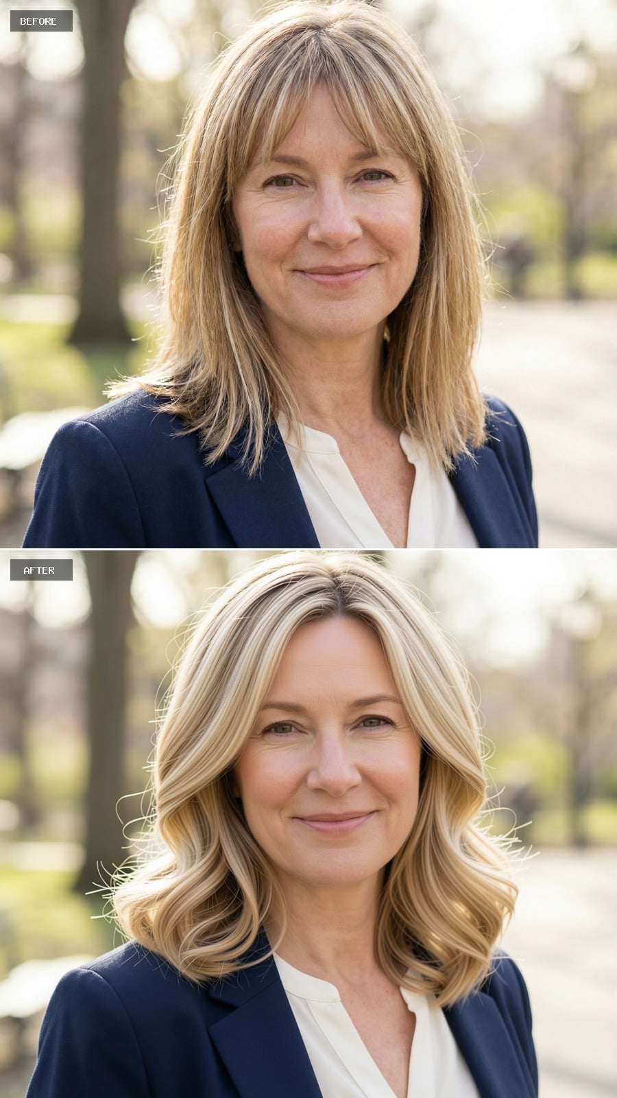 Photorealistic Headshot Of The Same 51-year-old Woman, Smiling, Collarbone-length Blonde Hair With Soft Waves And Light Golden Tones, Effortless And Elegant